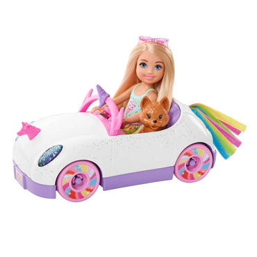 Barbie Club Chelsea Doll (6-Inch Blonde) With Open-Top Rainbow Unicorn-themed Car & Pet Puppy