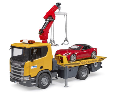 SCANIA SUPER 560R TOW TRUCK WITH BRUDER ROADSTER & LIGHT & SOUND MODULE (58CM LONG)
