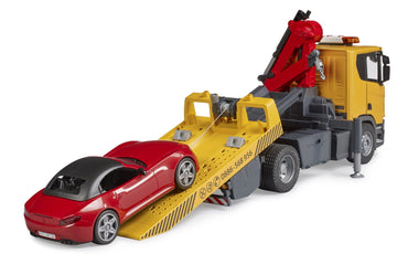 SCANIA SUPER 560R TOW TRUCK WITH BRUDER ROADSTER & LIGHT & SOUND MODULE (58CM LONG)