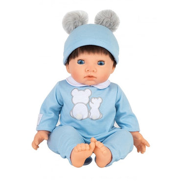 TINY TREASURES BABY BRUNETTE DOLL IN BEAR POM POM OUTFIT